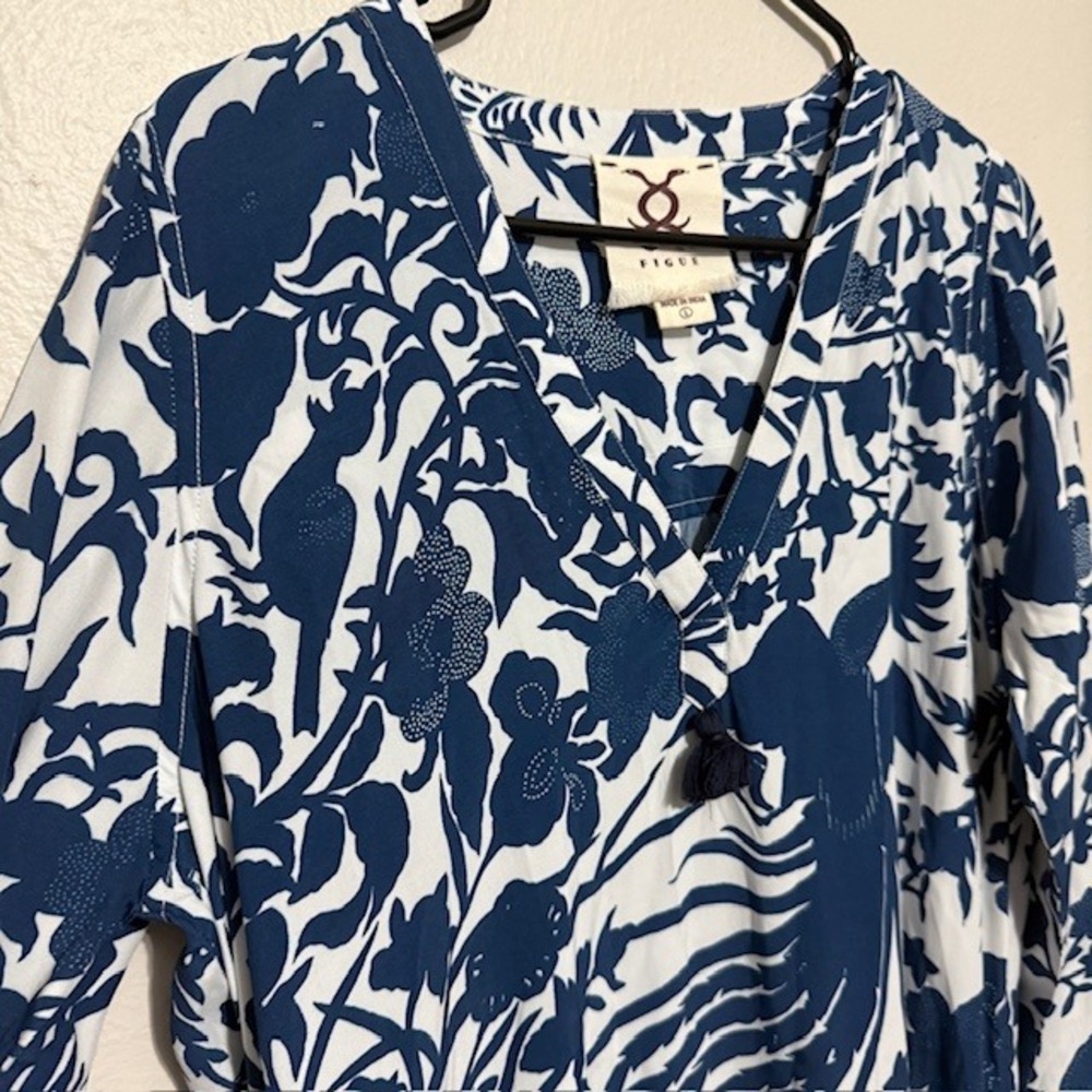 Figue Blue White Floral Tassel Midi Dress Kaftan Viscose L Boho Resort Tropical - Picture 2 of 10
